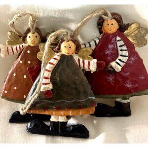 Primitive Christmas Angel Ornaments Hand-Painted Rustic Folk Art Jute Set of 3